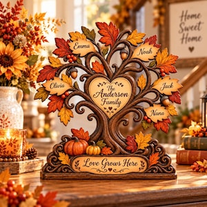 Peut inclure: Une sculpture d'arbre décorative avec des feuilles aux couleurs d'automne, des glands et des citrouilles. La plaque centrale en forme de cœur indique The Anderson Family, avec les noms Emma, Noah, Olivia, Jack et Nana. La base indique Love Grows Here.