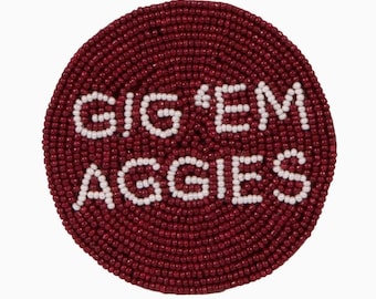 Broche redondo com miçangas em tons de marrom e branco / Broche circular para o dia de jogo do Texas / Presente para universitários