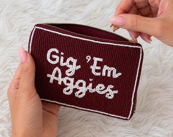 Bolsa com miçangas em tons de marrom e branco / Porta-moedas para o dia do jogo do Texas / Presente para universitários