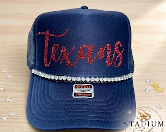 Navy and Red Texan Trucker Hat with Crystal Rhinestone Band | Texan Spirit Mesh Cap | State of Texas Pride Gameday Cap | Game Day Accessory