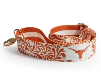 Alça de bolsa com estampa floral branca em tons de laranja queimado / Cinto reversível para bolsa com o espírito do Texas para o dia do jogo / Alça transversal para ombro/tapete para estádio, 3,8 cm x 140 cm