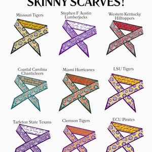 Op de afbeelding: Negen smalle sjaals met de titel College Spirit Skinny Scarves, elk met een uniek kleurenschema en bloemenpatroon met herhalende team-specifieke tekst. De ontwerpen omvatten Missouri Tigers, Stephen F Austin Lumberjacks, Western Kentucky Hilltoppers, Coastal Carolina Chanticleers, Miami Hurricanes, LSU Tigers, Tarleton State Texans, Clemson Tigers en ECU Pirates.
