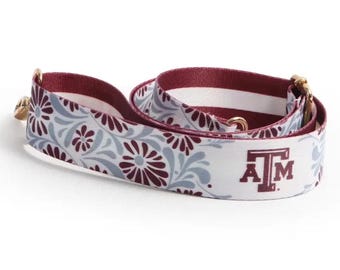 Alça de bolsa com estampa floral em tons de marrom e azul claro / Cinto reversível para bolsa com o espírito do Texas para o dia do jogo / Alça transversal para ombro/tapete para estádio, 3,8 cm x 140 cm