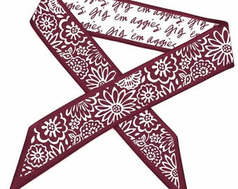 Cachecol fino de cetim marrom e branco universitário / Acessório reversível para o dia do jogo do Texas / Moda para a temporada de futebol americano