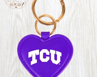 Pingente de bolsa com coração universitário em roxo e branco / Chaveiro de couro vegano com o espírito do Texas para o dia do jogo / Moda para a temporada de futebol americano