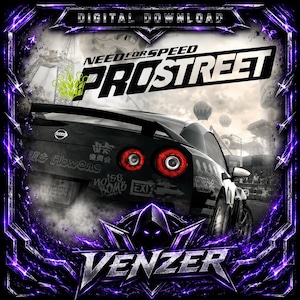 May include: A digital download graphic featuring a black Nissan sports car with red taillights and various decals. The text Need for Speed ProStreet appears at the top, while the word Venzer is displayed at the bottom in a metallic font.