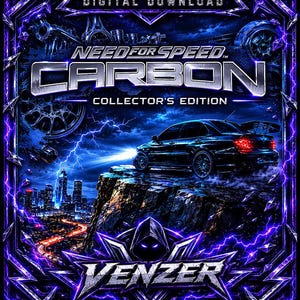 Puede incluir: Gráfico de descarga digital para Need for Speed Carbon Collector's Edition. La imagen presenta un coche deportivo negro sobre un acantilado, un horizonte urbano y el texto "Need for Speed Carbon" en plata. El diseño tiene un esquema de color azul oscuro y púrpura con efectos de relámpagos.