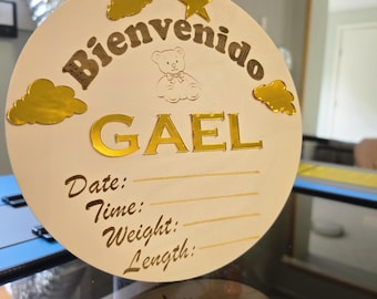 Personalisiertes Namensschild für die Geburt, 3D-Holzschild mit Krankenhausnamen, Schild mit Geburtsdaten, Foto-Requisite für Neugeborene, gravierter Babyname