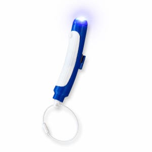 May include: A blue and white plastic flashlight keychain with a curved body design. The device features a small, bright LED light at the top and a thin, circular metal wire loop attached to the base for securing keys or other small items.