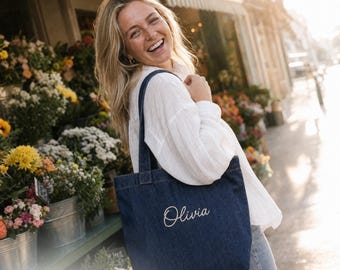 Custom Embroidered Denim Tote Bag, Denim Bag, Personalized Tote Bag, Custom Tote Bag
