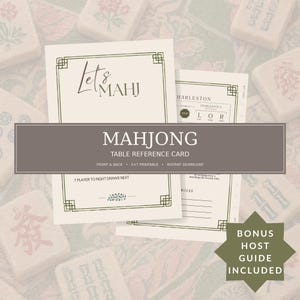 Könnte beinhalten: Eine cremefarbene Mahjong-Tischreferenzkarte mit dunkelgrünen geometrischen Rändern und dem Text Let's MAHJ. Die Karte enthält Abschnitte für Charleston-Regeln, die Reihenfolge der Spielerzüge und Spielanweisungen in einem klaren Layout.