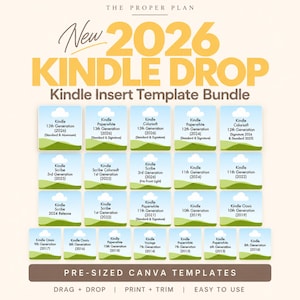 以下が含まれることがあります： New 2026 Kindle Dropと題されたデジタルテンプレートバンドルで、22個の正方形アイコンのグリッドが表示されています。各アイコンには、緑の風景の上に雲のグラフィックと、特定のKindleの世代やモデルを識別するテキストが記載されています。