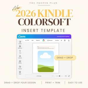 May include: A digital Canva template for a 2026 Kindle Colorsoft insert. The interface displays a workspace with a central rectangular frame containing a cloud and landscape graphic, labeled with drag and drop instructions.