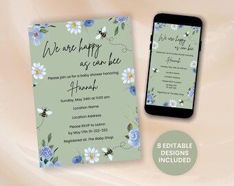 Invitación para baby shower / Plantilla de Canva / Paquete imprimible "Happy as Can Bee" / Descarga instantánea editable