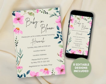 Invitación para baby shower / Plantilla de Canva / Paquete imprimible floral / Descarga instantánea editable de Baby in Bloom