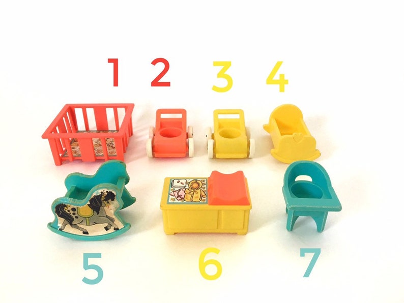 Vintage Fisher Price Play Family Nursery Set 761 Little People High Chair Rocking Horse Stroller Cradle Changing Table Playpen