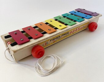 Vintage Fisher Price Xylophone Pull-a-Tune, #870, Musical Pull Toy, Rainbow, 1969-1977, Retro Toys