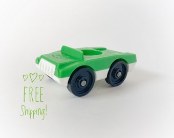 Vintage Fisher Price Little People Green and White One Seater Car with Luggage Rack, Play Family FPLP Plastic Toy Car, 1970s 1980s Toys,