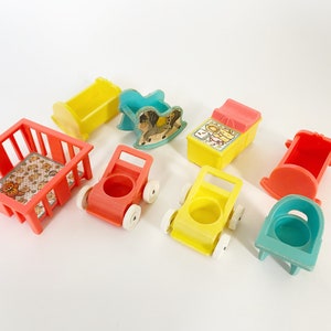 Vintage Fisher Price Play Family Nursery Set #761, Little People High Chair, Rocking Horse, Stroller, Cradle, Changing Table, Playpen