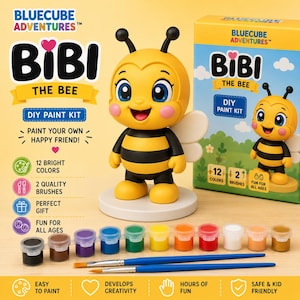 May include: A Bluecube Adventures Bibi the Bee DIY paint kit featuring a yellow and black bee figurine on a white base, twelve small paint pots in various colors, and two paint brushes. The packaging displays the text Bibi the Bee DIY Paint Kit.