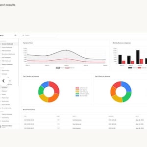 May include: A digital account dashboard interface displaying financial data with a line chart for payment trends, a bar chart for monthly revenue and expenses, and two pie charts showing top vendors by expense and top clients by revenue.