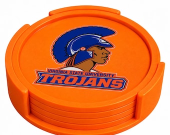 Virginia State University Trojans Coaster Set with Holder | Orange & Blue VSU Drink Coasters | HBCU Alumni Gift