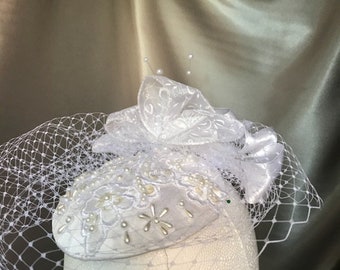 Satin and Floral ribbon wedding fascinator with pearls for the vintage bride