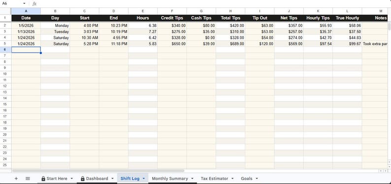 Server Tip Tracker Spreadsheet — Google Sheets Template for Waitstaff ...