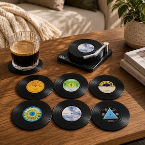 Zestaw podstawek pod płyty winylowe, podkładki pod muzykę w stylu retro z uchwytem na gramofon, podkładki pod napoje w stylu vintage, prezent dla miłośnika muzyki