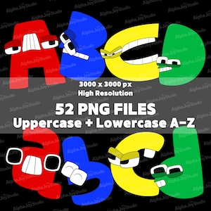 May include: A digital graphic featuring the letters A, B, C, and D in red, blue, yellow, and green, each with cartoon-like faces. The image includes text indicating 52 PNG files of uppercase and lowercase letters.
