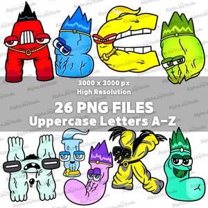 May include: A digital collection of 26 uppercase letters A-Z designed as colourful cartoon characters with eyes and distinct features. The set includes 3000 x 3000 px high resolution PNG files featuring various letter shapes in red, blue, yellow, green, and purple.