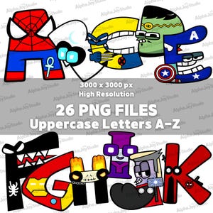 May include: A digital collection of 26 uppercase letters A-Z in PNG format, each styled as a unique character with vibrant colors and distinct features. The letters include designs inspired by various comic book figures, featuring bold outlines and text.