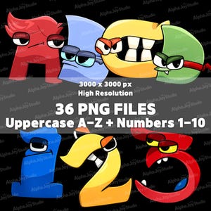 May include: Digital graphic set featuring uppercase letters A-Z and numbers 1-10, each with a cartoon-like design. The image includes the text "36 PNG FILES" and "Uppercase A-Z + Numbers 1-10". The resolution is 3000 x 3000 px.