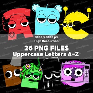 Op de afbeelding: Een digitale afbeelding met hoofdletters A-Z, elk ontworpen met een uniek cartoonachtig uiterlijk. De letters zijn in verschillende kleuren, waaronder rood, blauw en geel, met expressieve gezichten. De afbeelding bevat ook tekst die het bestandstype en de resolutie aangeeft.