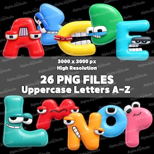 May include: A digital collection of 26 uppercase letters A-Z in a 3D cartoon style. Each letter features a vibrant color, a glossy finish, and expressive eyes with teeth. The set includes 3000 x 3000 px high-resolution PNG files for graphic design.