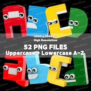 May include: A digital graphic featuring colorful, cartoon-style letters A, B, C, and D. The letters are red, blue, yellow, and green, respectively, and have expressive eyes. Text on the image reads "3000 x 3000 px High Resolution" and "52 PNG FILES Uppercase + Lowercase A-Z."