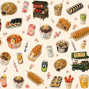 Może przedstawiać: Wzór z różnymi ilustracjami koreańskiego jedzenia ulicznego, w tym tteokbokki, gimbap, hotteok, bingsu, wypiekami w kształcie ryb, corn dogami, szaszłykami, bubble tea, napojami w puszkach i wózkami z jedzeniem na jasnym, kremowym tle.