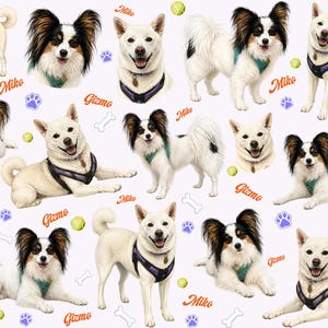 May include: A repeating pattern featuring illustrations of white dogs wearing purple harnesses and Papillon dogs with black and white markings. The design includes the names Miko and Gizmo in orange text, along with green tennis balls, white bones, and purple paw prints.