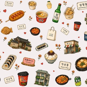Może przedstawiać: Wzór koreańskich ilustracji kulturowych obejmujący budynki, uliczne jedzenie, takie jak corn dogi, ramen, gimbap i tteokbokki, napoje, takie jak soju i kawa, oraz znaki z koreańskim tekstem, takimi jak Hannam-dong, Samcheong-dong i Olive Young.