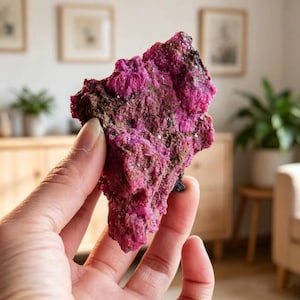 May include: A raw, unpolished mineral specimen featuring a vibrant magenta and deep pink crystalline structure with dark, earthy brown inclusions. The cluster has a jagged, irregular shape with a rough, textured surface and small, sparkling facets.