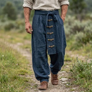 バイキング・ハーレムパンツ – 中世リネンパンツ、北欧LARPコスチューム、フェスティバル衣装
