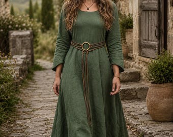 Robe médiévale en lin avec ceinture | Robe Renaissance viking, Costume GN, Cottagecore Fantasy