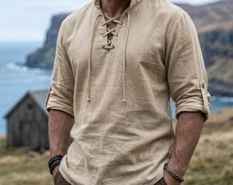 Men's Cotton Linen Viking Tunic, Lace-Up Medieval Shirt, Nordic Celtic Cosplay Outfit