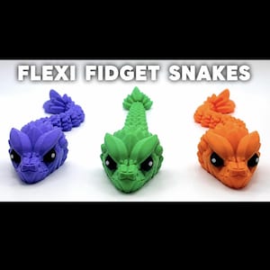 May include: Three articulated fidget snakes in purple, green, and orange. Each snake has a detailed, textured design with a head and body. The text "FLEXI FIDGET SNAKES" is displayed above the snakes.