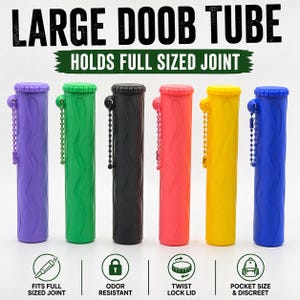 May include: Six cylindrical storage tubes in purple, green, black, red, yellow, and blue. Each features a textured wavy surface, a twist-lock lid, and a matching ball chain. Text reads: LARGE DOOB TUBE, HOLDS FULL SIZED JOINT, FITS FULL SIZED JOINT, ODOR RESISTANT, TWIST LOCK LID, POCKET SIZE & DISCREET.