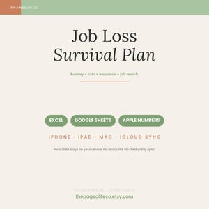 Könnte beinhalten: Eine digitale Vorlage für einen Jobverlust-Überlebensplan mit dem Text 'Runway + cuts + insurance + job search.' Sie enthält Kompatibilitätsschaltflächen für Excel, Google Sheets und Apple Numbers sowie Informationen zur iCloud-Synchronisierung.