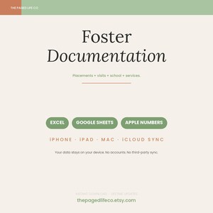 Puede incluir: Una plantilla de documento digital titulada Foster Documentation con el subtexto Placements + visits + school + services. Incluye botones verdes para Excel, Google Sheets y Apple Numbers, con compatibilidad para iPhone, iPad, Mac y iCloud Sync.