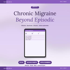 May include: A digital chronic migraine log template displayed on a tablet screen with purple accents. The text reads Chronic Migraine Beyond Episodic, Attacks, abortives, infusion, status episodes, and lists data for Excel, Google Sheets, and Apple Numbers.