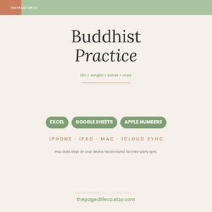 Könnte beinhalten: Eine digitale Planervorlage mit dem Titel Buddhist Practice und dem Untertext Sits + sangha + sutras + vows. Sie enthält grüne Schaltflächen für Excel, Google Sheets und Apple Numbers sowie Text zur Kompatibilität mit iPhone, iPad, Mac und iCloud Sync.