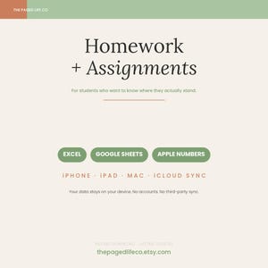 Hoja de cálculo para el seguimiento de tareas / Calculadora de calificaciones / Registro de estudio / Apple Numbers / Google Sheets / Excel / Sincronización con iCloud